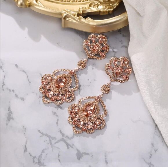 Rose Gold with Peach Morganite Austrian Crystal Teardrop Chandelier Earrings - Picture 2 of 5